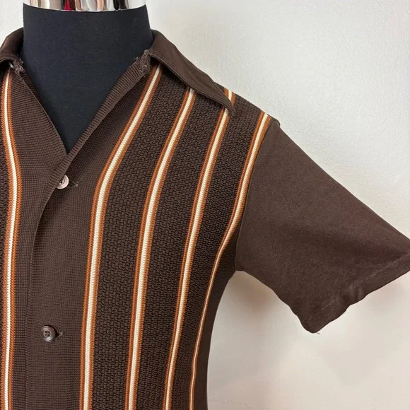 MarVista Sportswear Mens VTG Button Up Polo Shirt Sz S Short Sleeve Brown Stripe - Picture 6 of 17